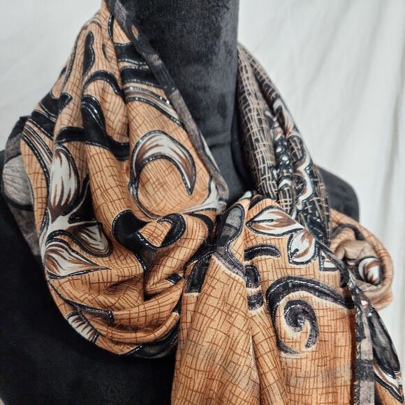 Scarf Wrap Floral Hollow Out Black Brown Fringed 64 x 17 Metallic Silver - Picture 5 of 7